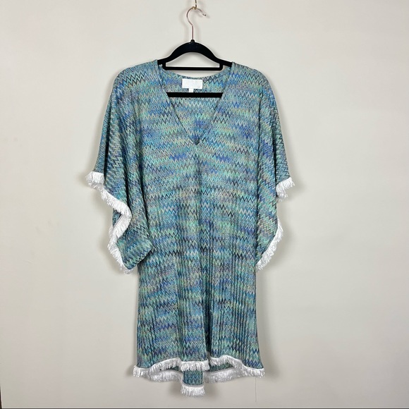 ALEXIS PONCHO COVER UP IN BLUE AND GREEN WITH WHITE FRINGE TRIM SIZE XS/S - Picture 3 of 13